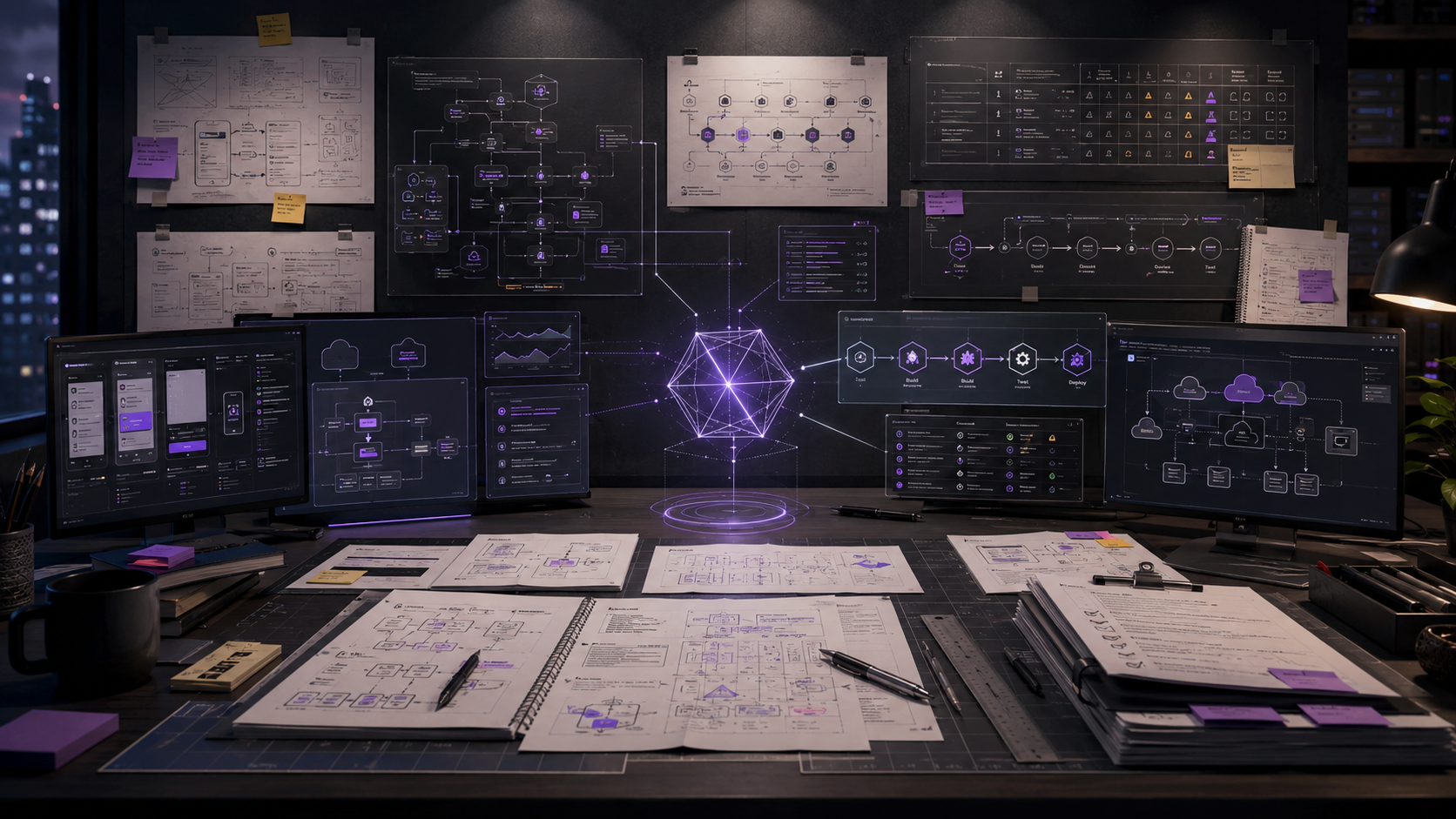 A desk surrounded by monitors and sketches with a glowing AI node at the center — the workspace of agentic engineering.